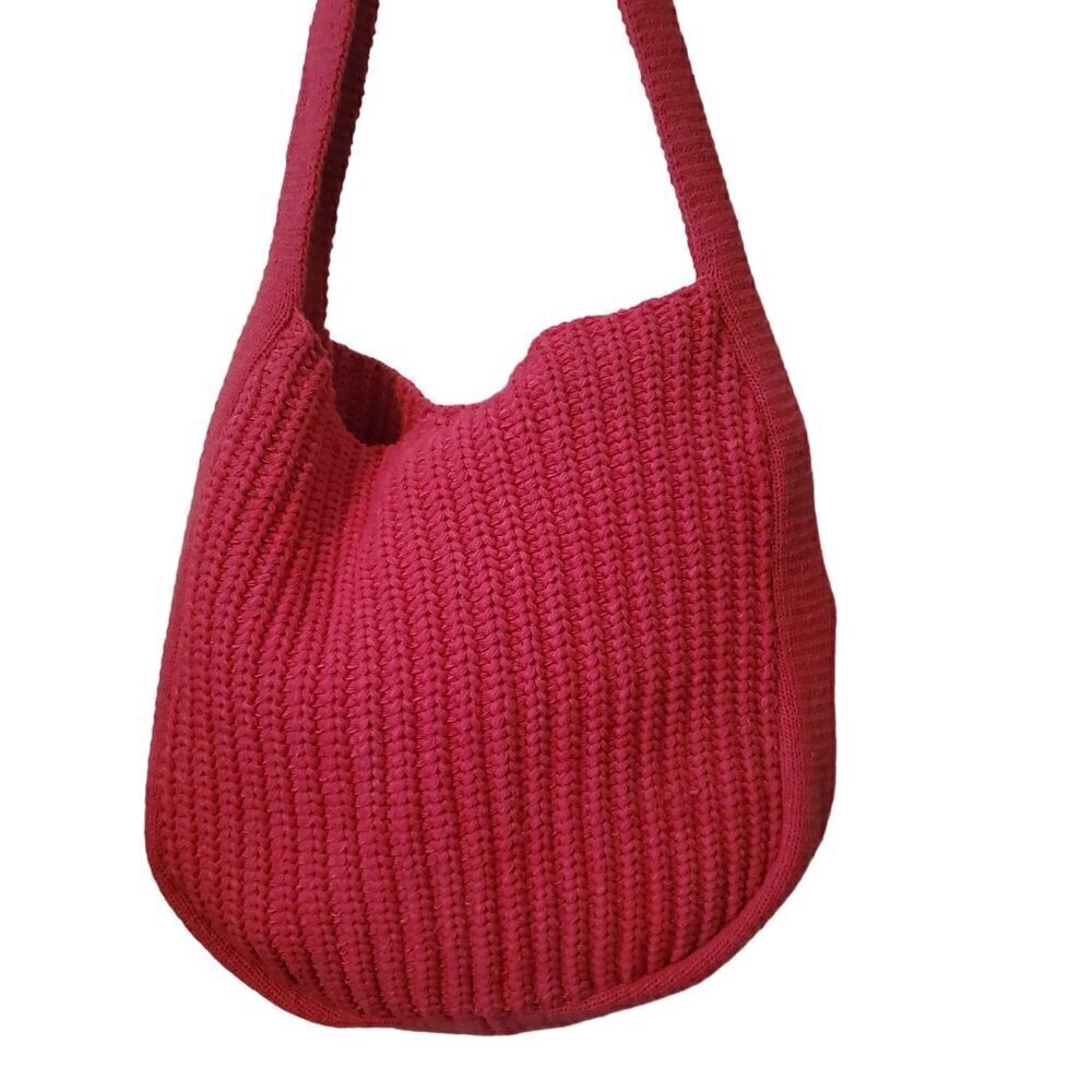 Handmade Hot Pink Knit Crochet Tote Bag With Long Shoulder Strap